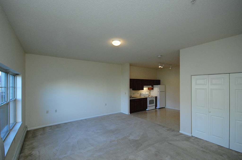 an empty living room with a kitchen in the background