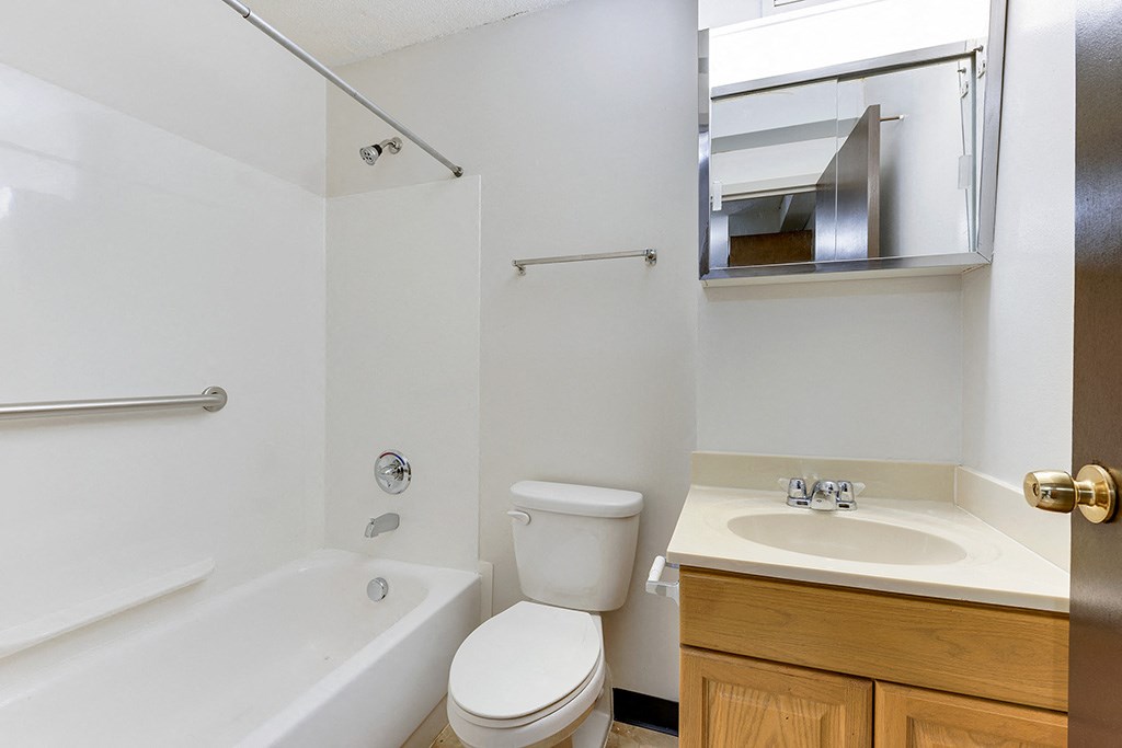 a bathroom with a sink toilet and a bath tub