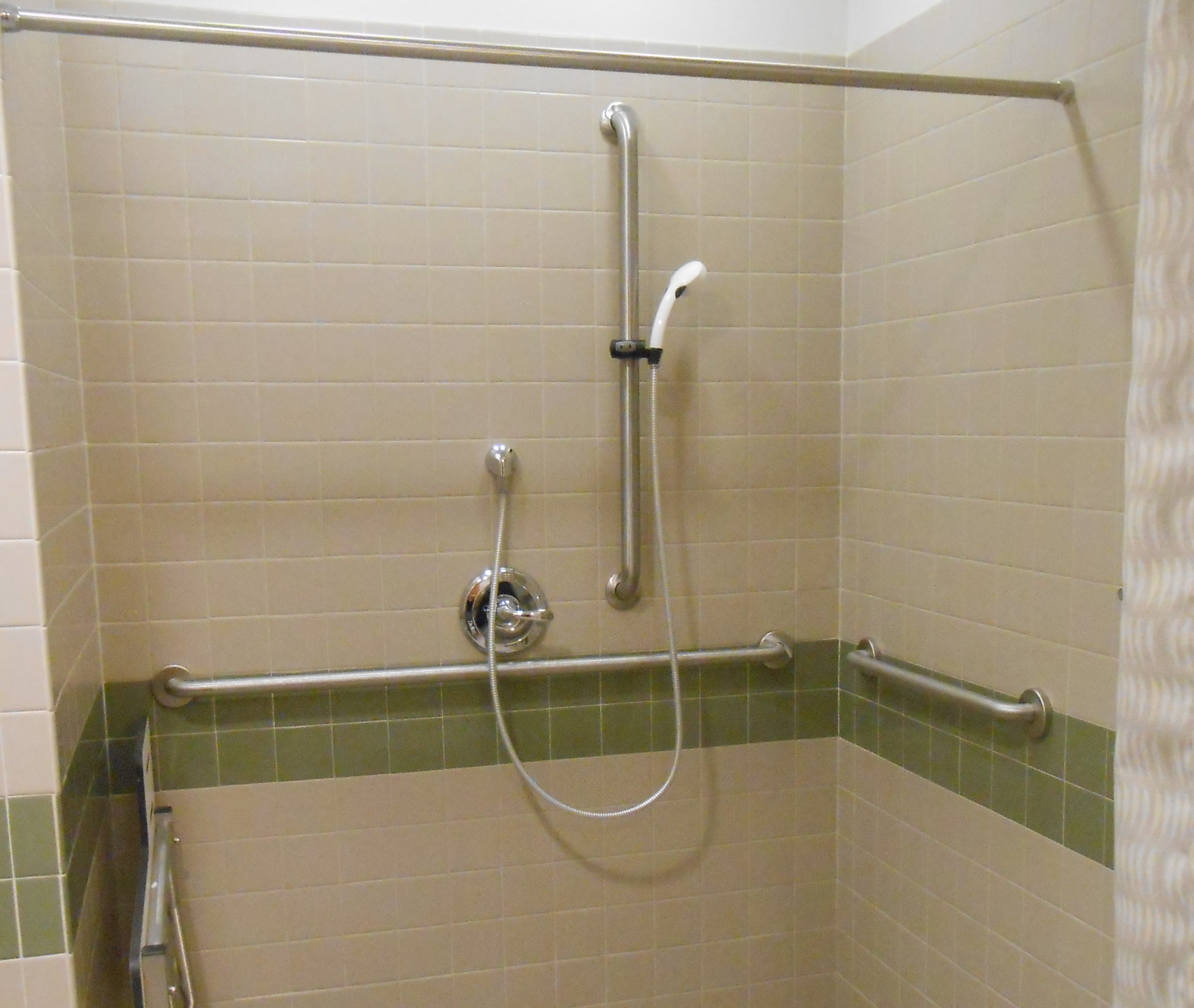 a shower with two grab bars in a bathroom