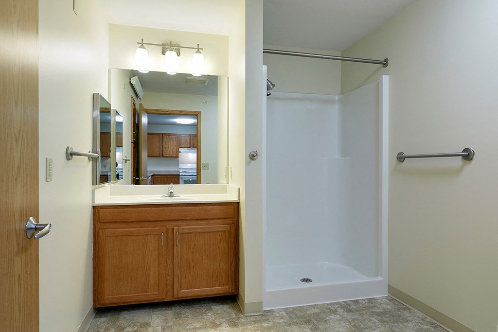 a bathroom with a shower and a sink and a mirror