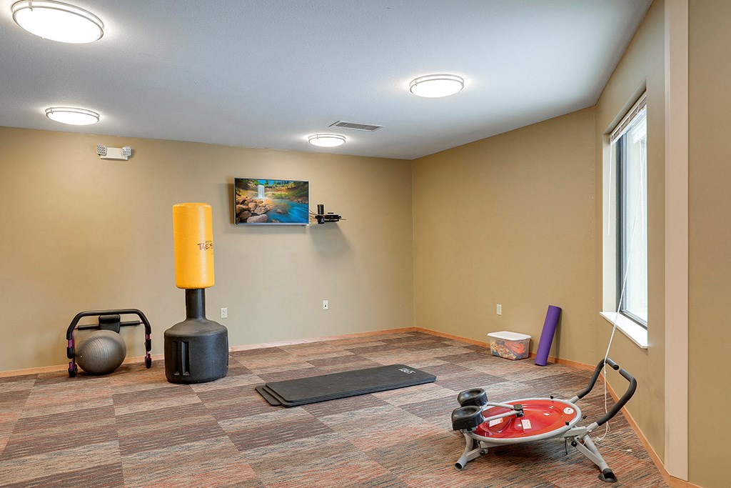 a workout room in a home with a red elliptical exercise machine and a window