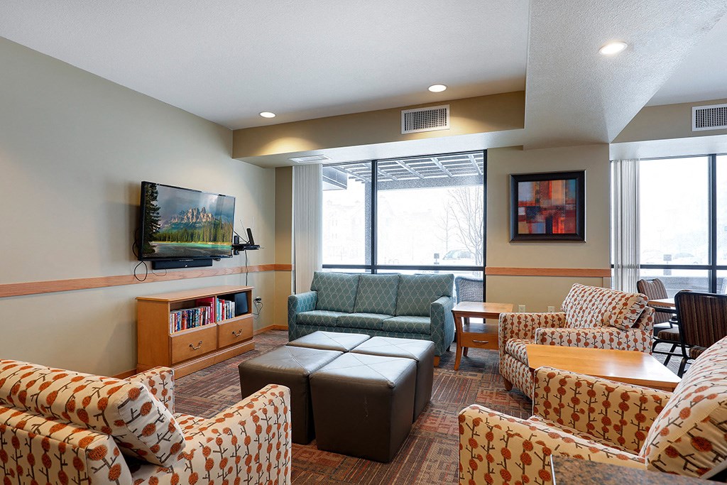 a living room with couches and chairs and a television