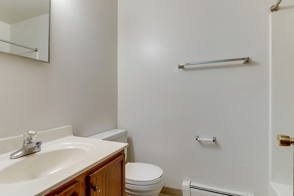 an empty bathroom with a sink toilet and mirror