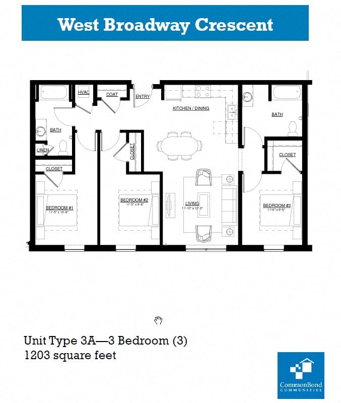 Three BR Floor Plans Style A at West Broadway Crescent, Minneapolis, 55411