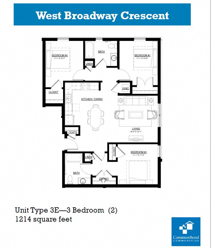 Three BR Floor Plans Style E at West Broadway Crescent, Minneapolis, MN