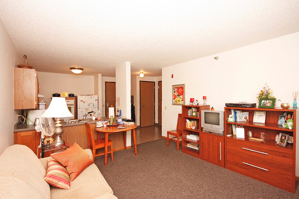 a living room with a couch and a tv and a kitchen