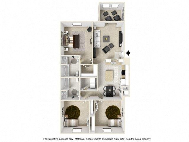 Three Bedroom Floor Plan at Hidden Creek Village Apartments, Fayetteville, NC