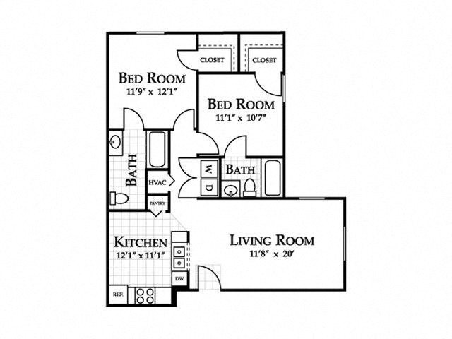 Two Bedroom Floor Plan at Hidden Creek Village Apartments, Fayetteville, NC, 28314