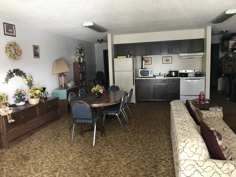 a living room with a dining room table and a kitchen