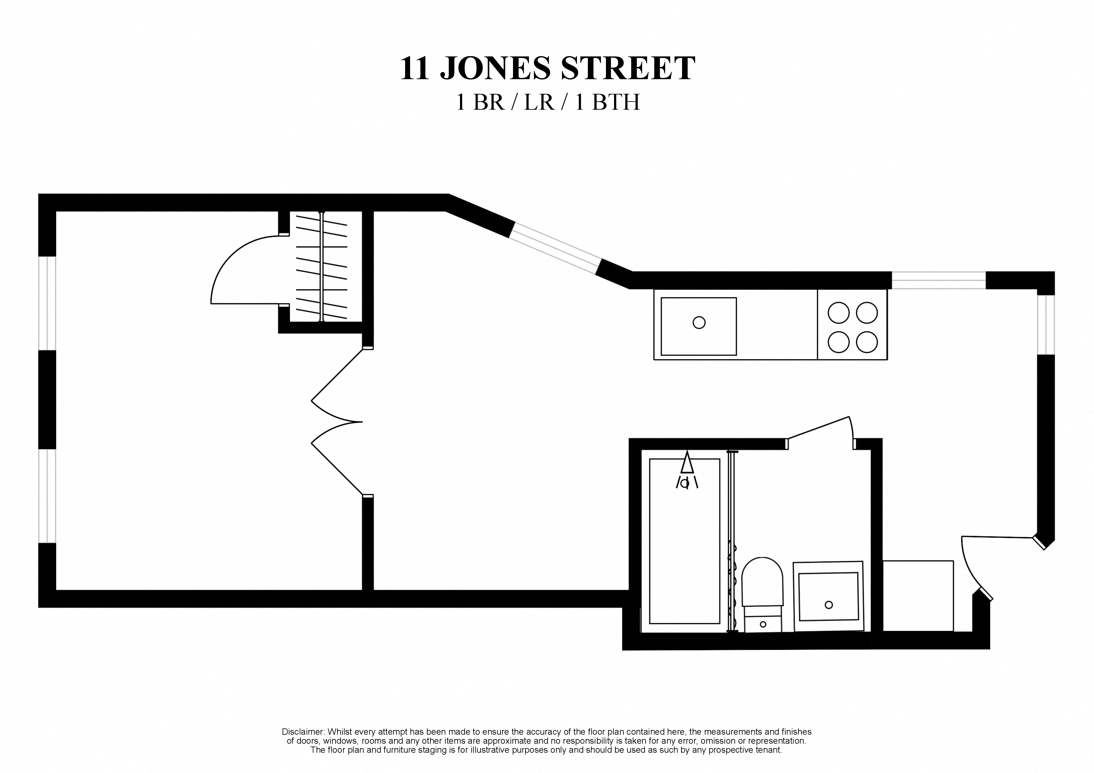 2D Floor plan for one bedroom, living room and one bath at 11 Jones Street