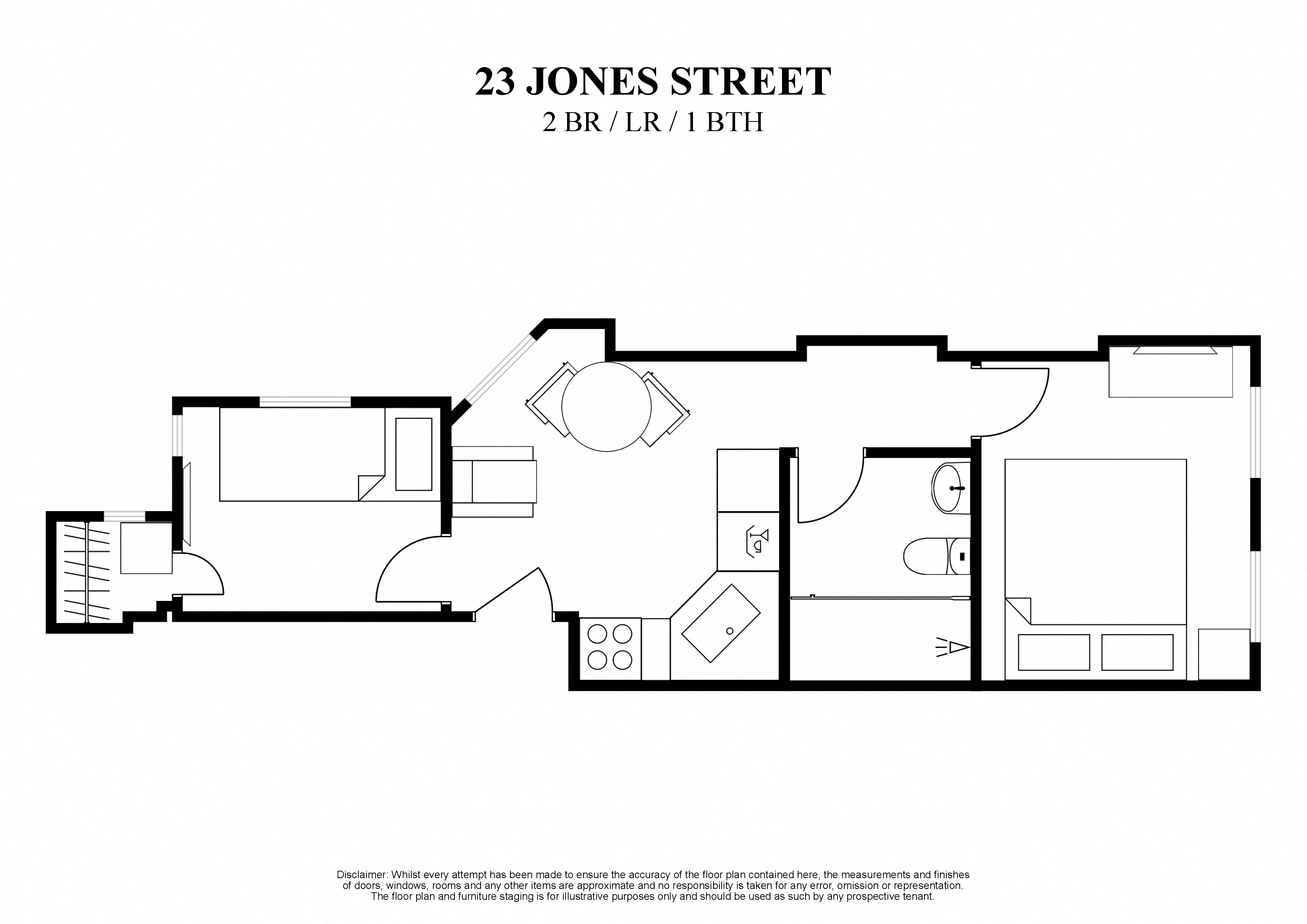 2D floor plan for furnished two bedroom with living room and one bathroom at 23 Jones Street