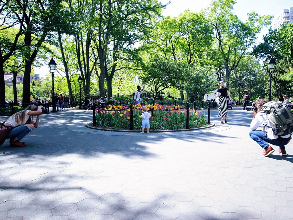 a group of people walking around a park
