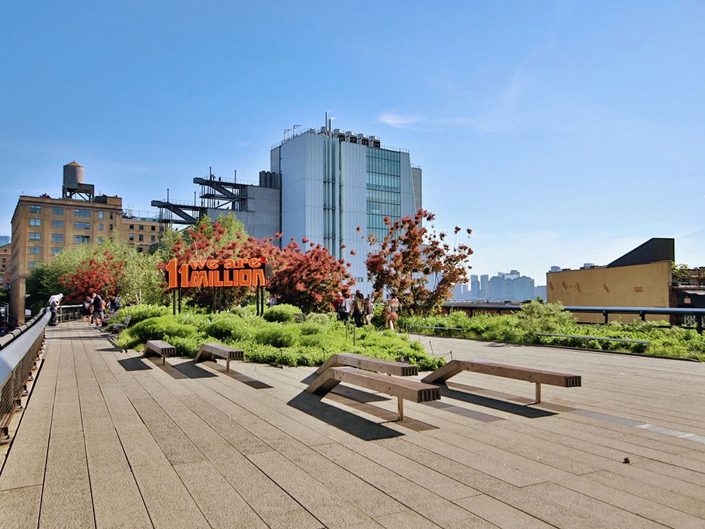 a park with benches and plants and buildings in the background