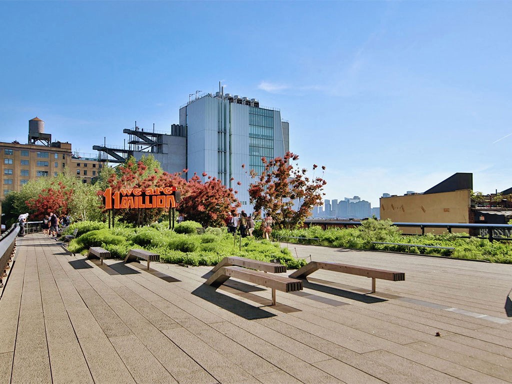 a park with benches and plants and buildings in the background