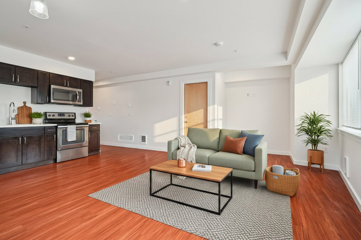 A modern living room with a green couch and a coffee table.