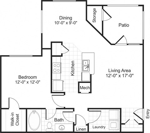 A1 1 bedroom 1 bathroom floorplan at Falls Pointe at the Park Apartments in Durham, NC