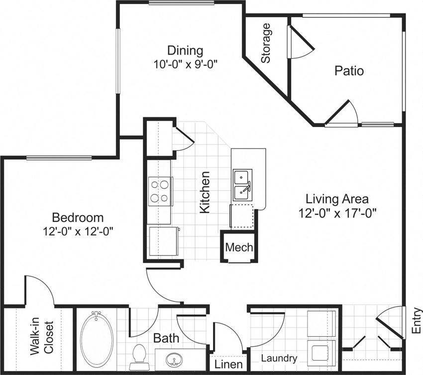 A1 1 bedroom 1 bathroom floorplan at Falls Pointe at the Park Apartments in Durham, NC