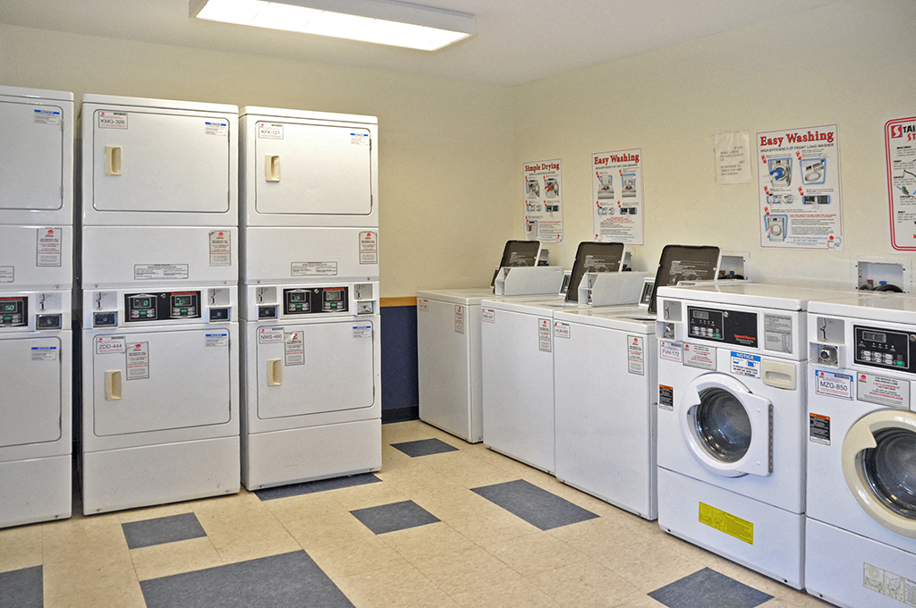 a row of washers and dryers in a laundry room with other washing machines