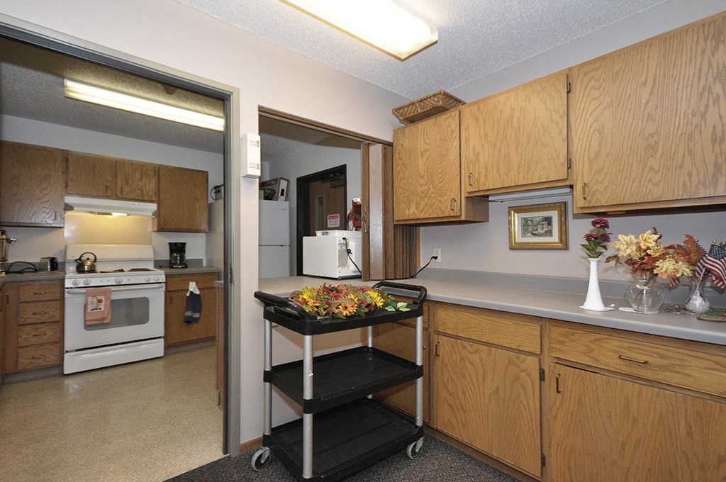 a kitchen with wooden cabinets and a counter with a black cart