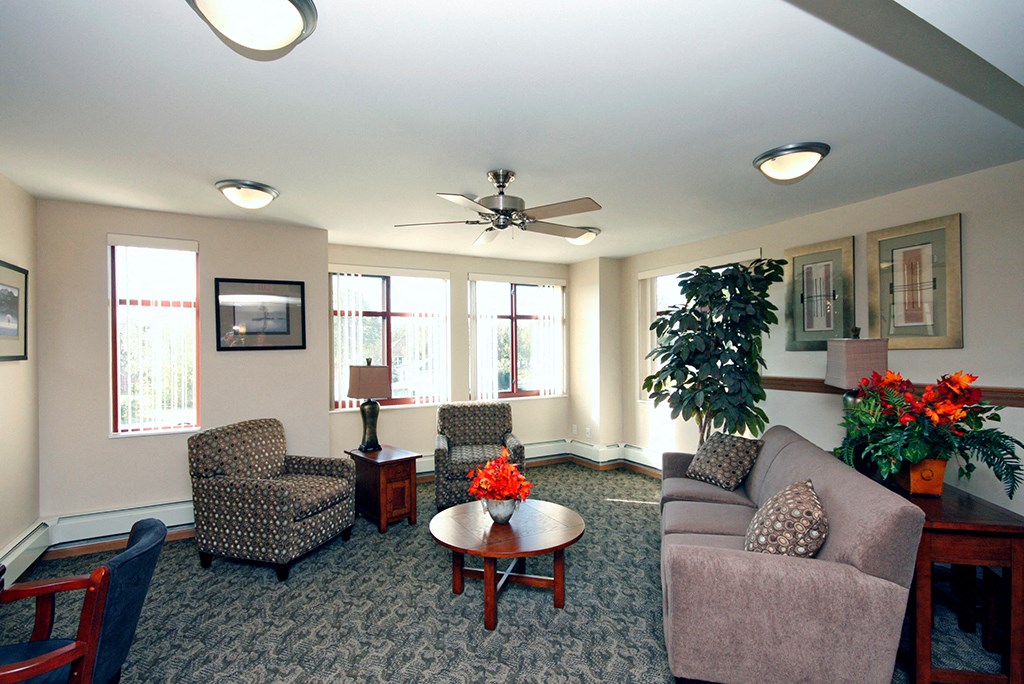 a living room with furniture and a ceiling fan