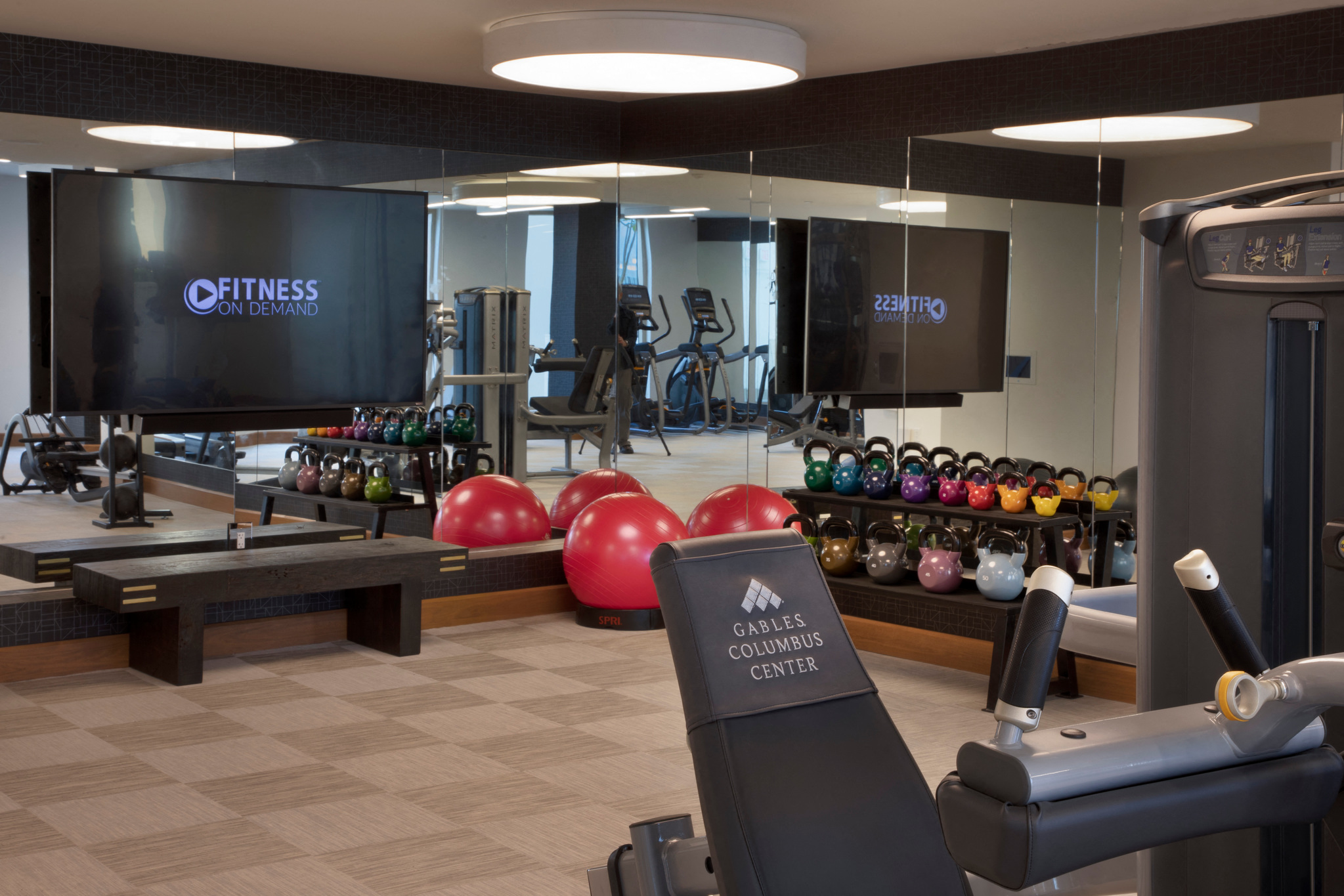 a fitness room with weights and other exercise equipment and a large screen tv