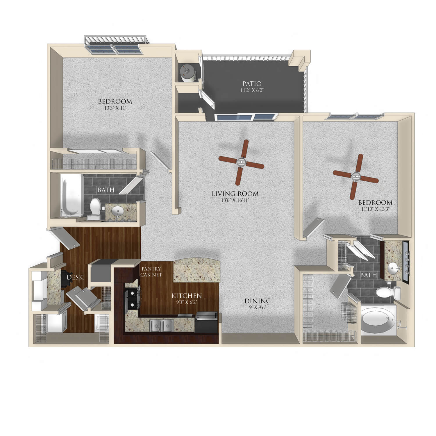 Two bedroom two bathroom floor plan image at Atley on the Greenway