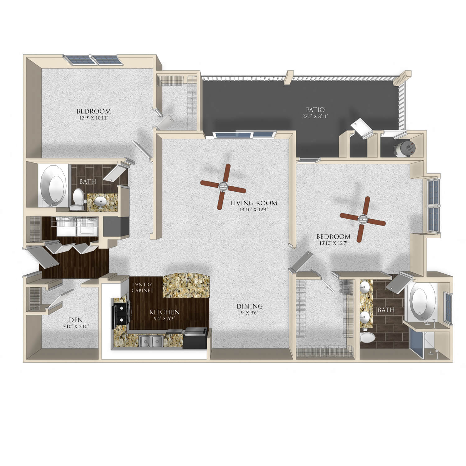 Two bedroom two bathroom floor plan image at Atley on the Greenway