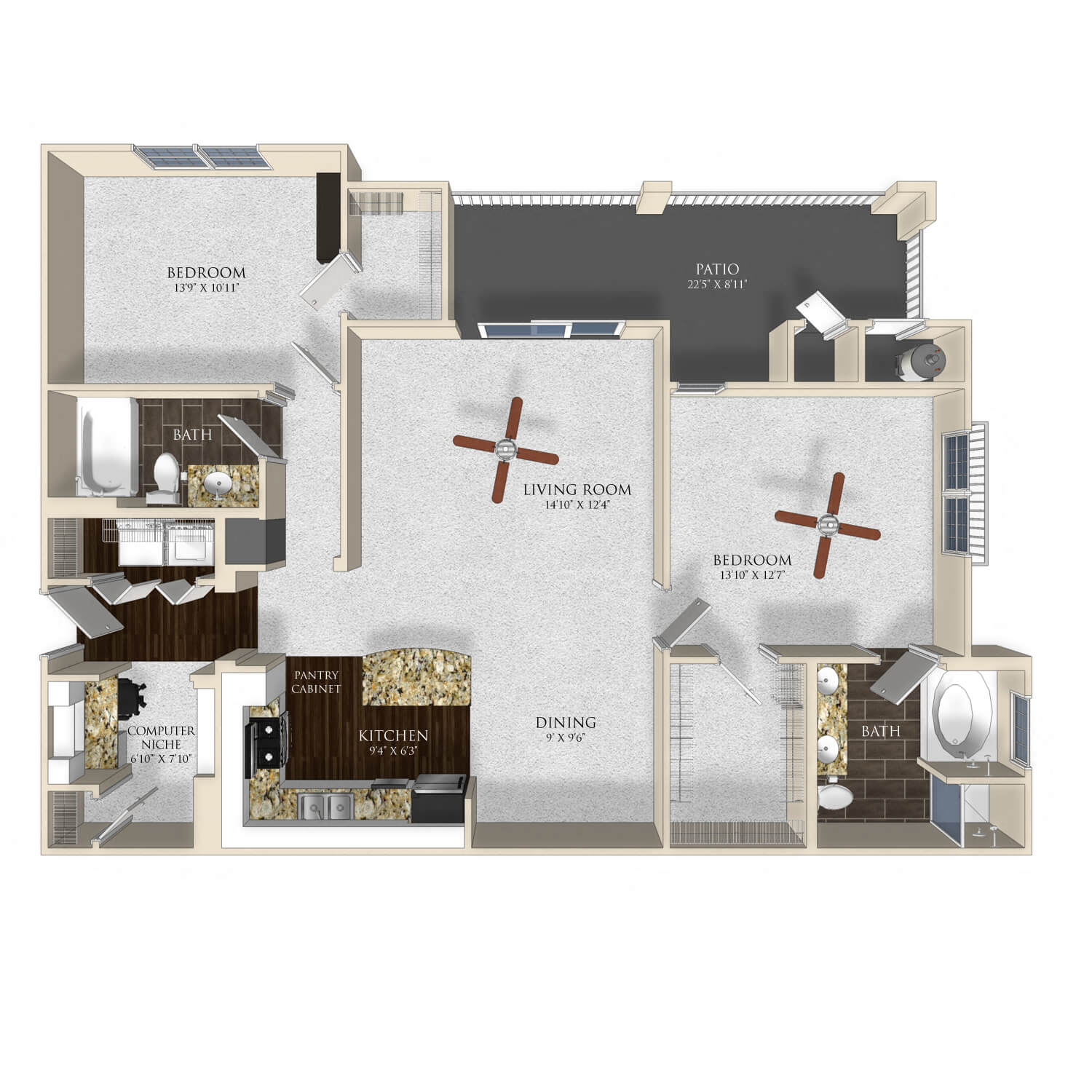Two bedroom two bathroom floor plan image at Atley on the Greenway