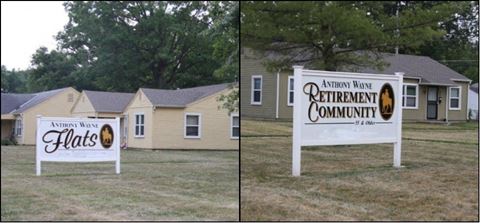 two pictures of a retirement community sign and a house