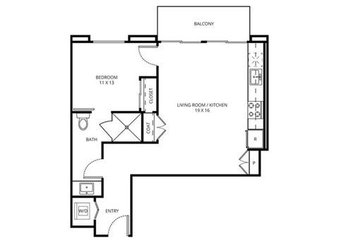 1 A2 - 1 Bedroom 1 Bath Floor Plan Layout - 648 Square Feet