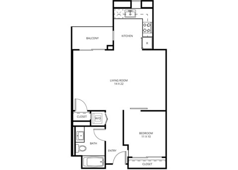 1 C - 1 Bedroom 1 Bath Floor Plan Layout - 729 Square Feet