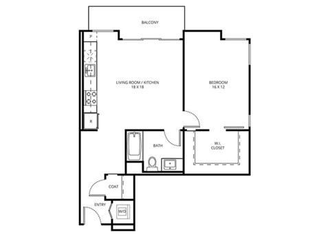 1 D1 - 1 Bedroom 1 Bath Floor Plan Layout - 810 Square Feet