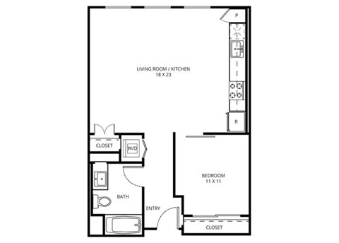 1 E2A - 1 Bedroom 1 Bath Floor Plan Layout - 705 Square Feet