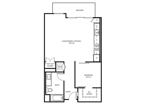 1 E2C - 1 Bedroom 1 Bath Floor Plan Layout - 763 Square Feet