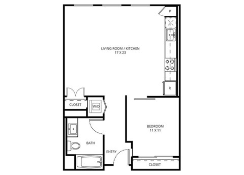 1 E3B - 1 Bedroom 1 Bath Floor Plan Layout - 716 Square Feet