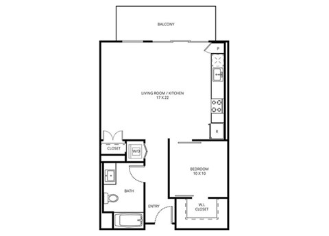 1 E4A - 1 Bedroom 1 Bath Floor Plan Layout - 744 Square Feet