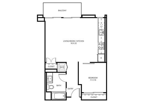 1 E4C - 1 Bedroom 1 Bath Floor Plan Layout - 664 Square Feet