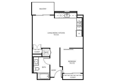 1 E5 - 1 Bedroom 1 Bath Floor Plan Layout - 642 Square Feet