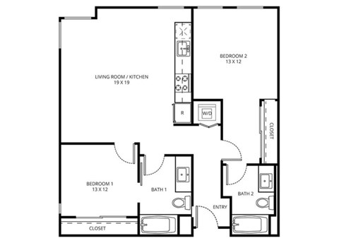 2 B1 - 2 Bedroom 2 Bath Floor Plan Layout - 949 Square Feet