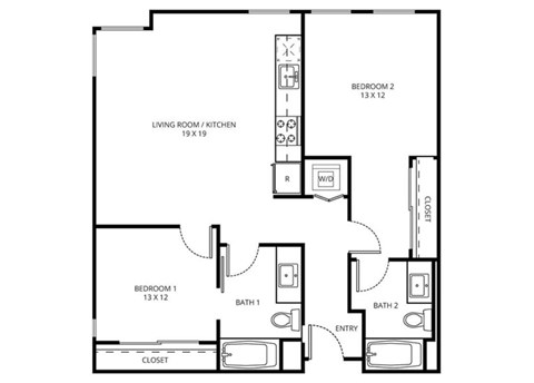 2 B2 - 2 Bedroom 2 Bath Floor Plan Layout - 964 Square Feet
