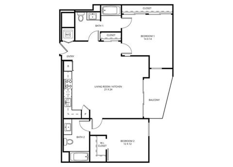 2 C1 - 2 Bedroom 2 Bath Floor Plan Layout - 1124 Square Feet