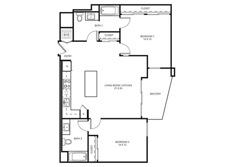 2 C2 - 2 Bedroom 2 Bath Floor Plan Layout - 1100 Square Feet