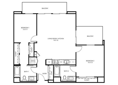 2 D1 - 2 Bedroom 2 Bath Floor Plan Layout - 1133 Square Feet