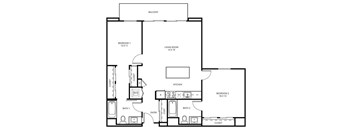 2 D2 - 2 Bedroom 2 Bath Floor Plan Layout - 1133 Square Feet