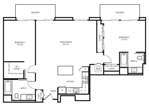 2 E - 2 Bedroom 2 Bath Floor Plan Layout - 1303 Square Feet