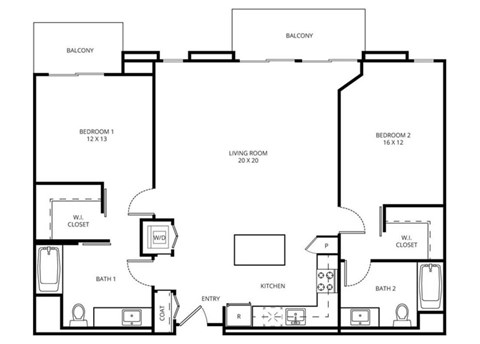 2 F - 2 Bedroom 2 Bath Floor Plan Layout - 1307 Square Feet