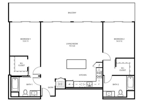 2 G - 2 Bedroom 2 Bath Floor Plan Layout - 1240 Square Feet
