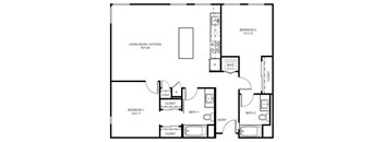 2 J - 2 Bedroom 2 Bath Floor Plan Layout - 1127 Square Feet