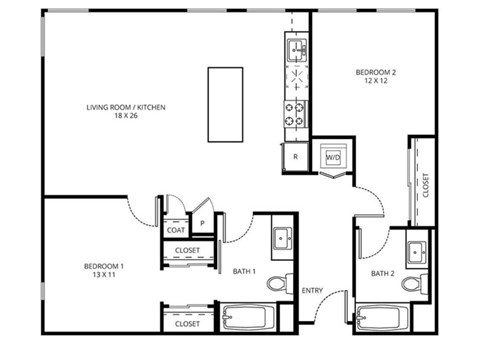 2 J - 2 Bedroom 2 Bath Floor Plan Layout - 1127 Square Feet