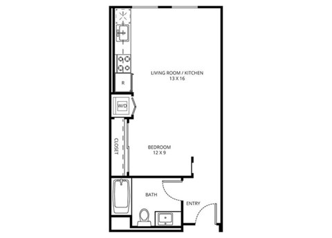 Studio B1 - 0 Bedroom 1 Bath Floor Plan Layout - 494 Square Feet